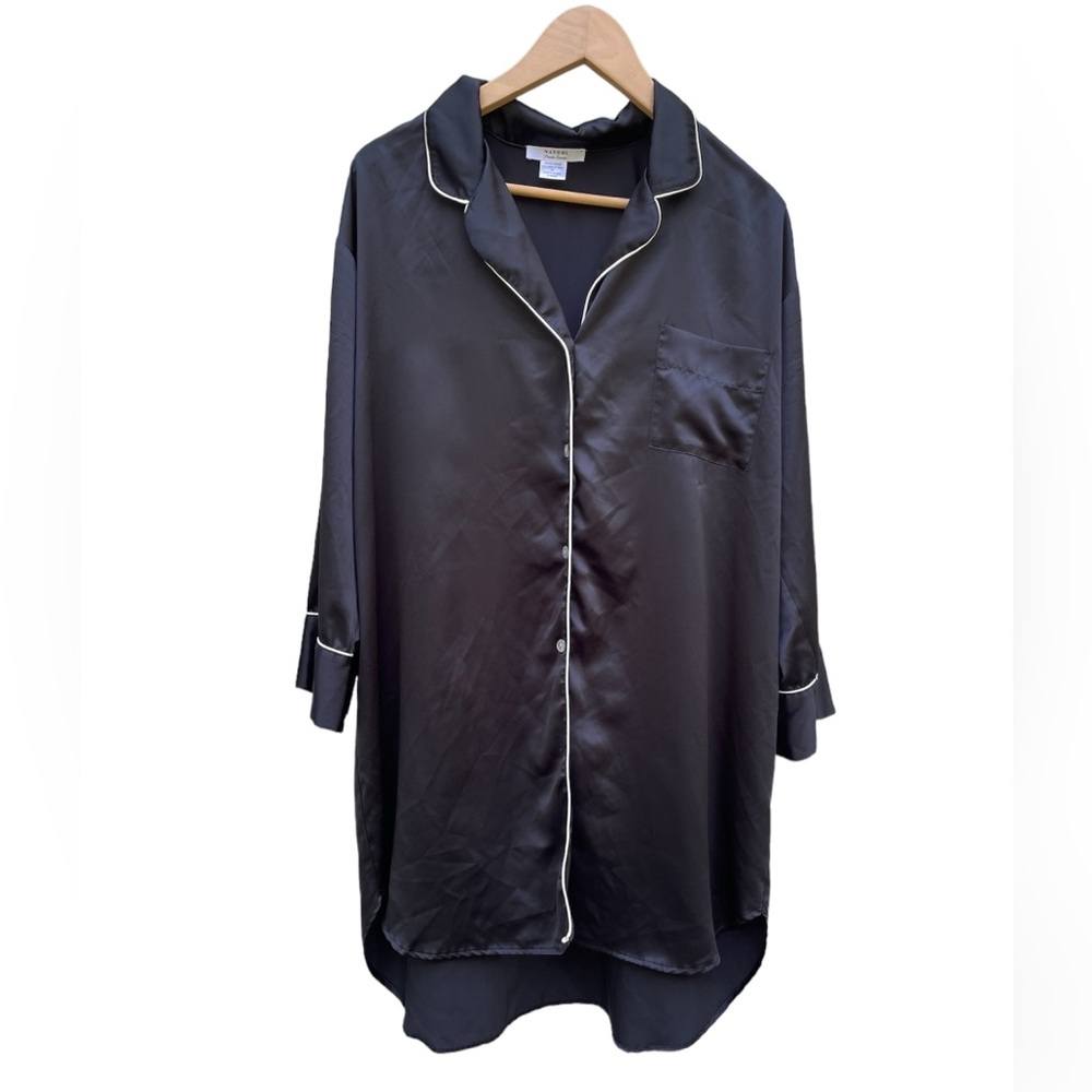 Natori Satin Sleep Shirt White Trim Black Pajama Nightgown Size Medium EUC